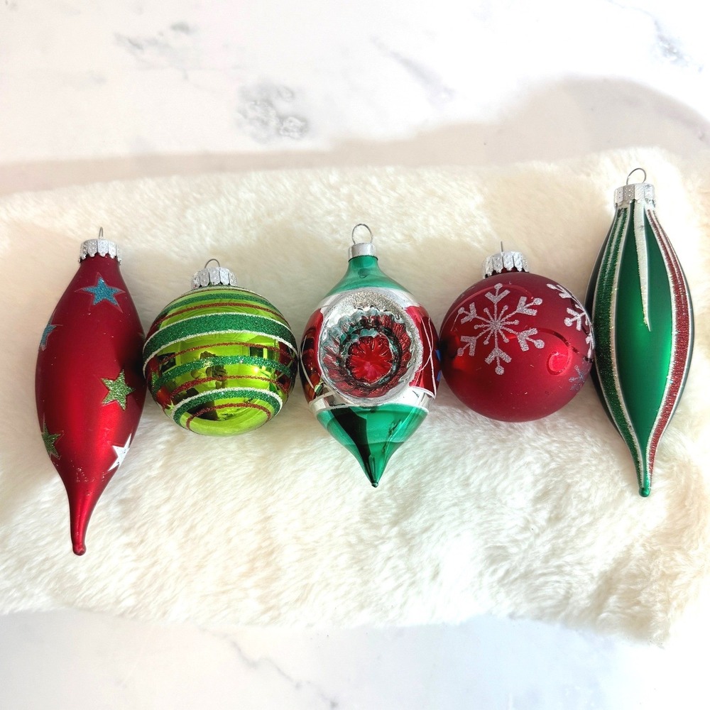 Lot of 5 VTG Green Red Ornaments Reflector Indent Holiday Christmas